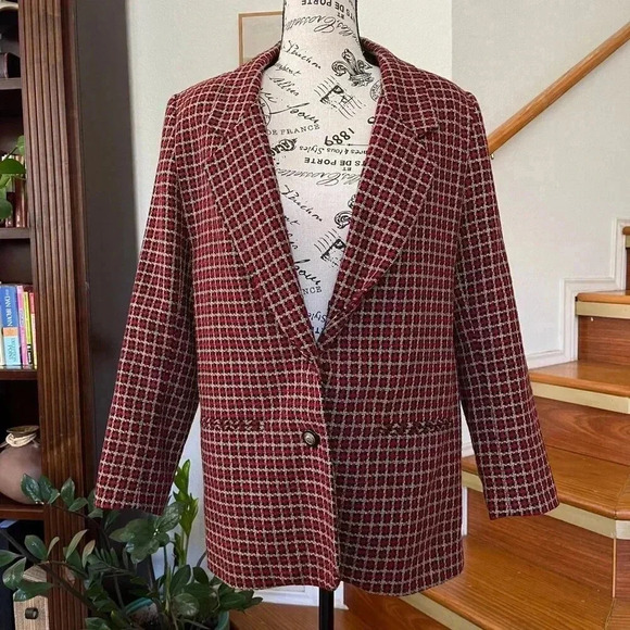 VTG Alfred Dunner Gingham Blazer Jacket Red Petite10 Wool Preppy Career Academia - Picture 1 of 14